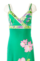 1970s Leonard Paris Green Floral Print Silk Jersey Halter Dress