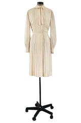 Spring 1976 Chanel Haute Couture Silk Ivory Dress w Hand Stitched Pleats