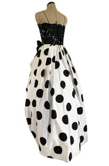 Early 1980s Possible Louis Feraud Graphic Sequin Bodice w Black & White Dotted Bubble Skirt Dress