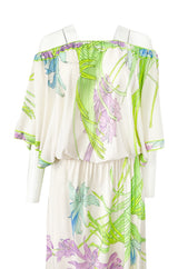 1970s Leonard Paris Off Shoulder Tropical Floral Print Silk Jersey Dress