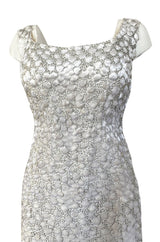 1960s Unlabeled Ivory Silk Dress w Chenille Applique & Beading Detail