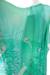 1970s Hanae Mori Silk Chiffon Bird Caftan