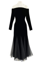 Exquisite Fall 2000 Yves Saint Laurent Haute Couture Velvet Dress w Net Inset Panels