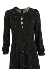 1970s Jean Muir Printed Jersey Dress w Incredible Art Deco Buttons