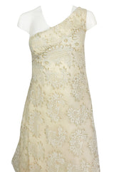 1970s Stavropoulos Gold Metallic & Ivory Lace One Shoulder Dress
