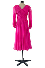 Gorgeous 1980s Richeline 'Valentino' Pink Silk Chiffon Dress w Full Sleeves & Plunge Front