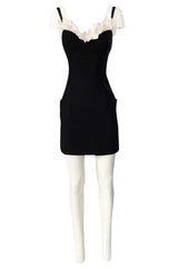 Runway Spring 1997 Thierry Mugler Fitted Black Dress w Extravagant Ruffled Silk Bodice