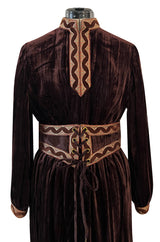 Late 1960s Oscar de la Renta Deep Brown Flat Velvet & Brocade Dress w Slit Sleeves & Lace Belt