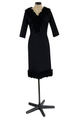 Fabulous Little Late 1950s Unlabeled Black Wool Jersey Ruffled Hem & Collar Dress