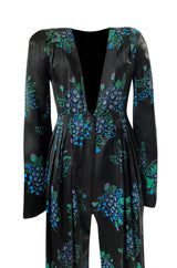 c. 1974 Ossie Clark Celia 'One Step Two Step' Celia Birtwell Print Black Jumpsuit