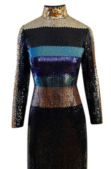 Late 1970s Pierre Cardin Blue Green & Gold Striped Black Sequin Dress w High Collar
