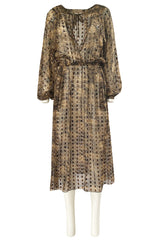 1970s Holly's Harp Silk Ribbon Chiffon Taupe & Black Print Dress