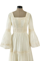 Romantic 1970s Victor Costa Mexican Wedding Dress Feel Ivory Cotton Gauze & Lace Dress