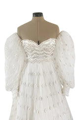 Documented 1979 Loris Azzaro Off Shoulder Balloon Sleeve White Net Dress w Chenille Detailing