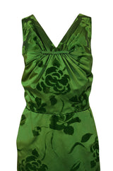 c.1955 Jean Desses Green Silk Dress w Fused Velvet Detailing