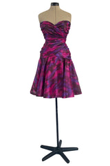 1980s Loris Azzaro Couture Strapless Deep Pink & Purple Printed Silk Mini Dress w Flare Skirt