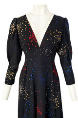 Incredible 1970s Pauline Trigere Hand Painted & Sequin Detailed Dress