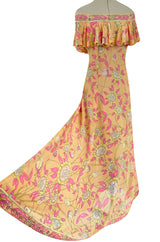 Prettiest 1960s Emilio Pucci Pink & Yellow Print on Peach Silk Chiffon Ruffled Off Shoulder Dress