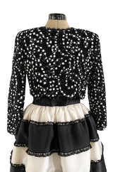Spring 1988 Bill Blass Sequin Bodice w Ribbon Rosettes Black & White Silk Organza Dress