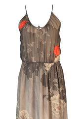 1970s Hanae Mori Sunrise & Large Floral Print Silk Chiffon Halter Dress