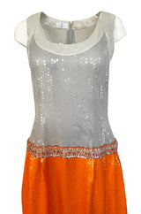 Early 1980s Andre Laug Alta Moda Numbered Couture Grey & Orange Sequin Dress