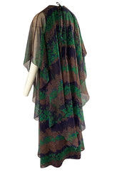 1970s Jean Varon Printed Green & Deep Blue Tiered Chiffon Caftan Dress