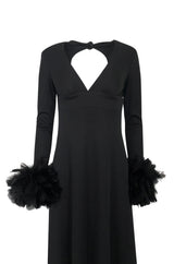 1970s Unlabeled Open Back Black Jersey Dress w Glossy Feather Cuffs