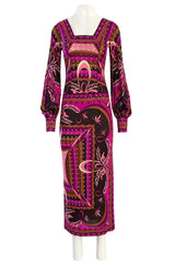 1960s Emilio Pucci Pink Floral & Ribbon Print Silk Jersey Dress w Matching Silk Chiffon Scarf