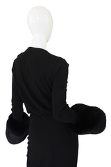 1980s Halston Fur Cuff Black Jersey Gown