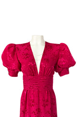 1980s Wayne Clark Pink Silk Plunging Neckline & Huge Pouf Sleeve Dress