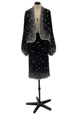 Gorgeous 1983 Halston Beaded Black Silk Chiffon Skirt & Jacket Set w Balloon Sleeves