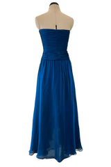 Spring 1990 Oscar De La Renta Deep Sapphire Blue Silk Chiffon Strapless Dress