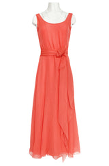 Prettiest 1970s George Stavropoulos Coral Silk Chiffon Dress Capelet & Sash