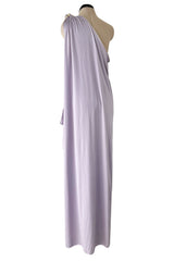 1981 Bill Tice Lilac One Shoulder Jersey Dress w Gold Lame Flower Detailing