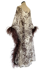 1960s Unlabeled Brown Floral Print Chiffon Caftan Dress w Feather Trim & Bare Shoulder Cut