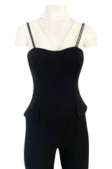 Pre-fall 1997 Christian Dior by Galliano Sleek Flared Leg Black Jumpsuit w Beaded Straps & Hip Peplum