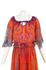 1974 Zandra Rhodes 'Ayers Rock' Australian Collection Hand Painted Coral Silk Chiffon Dress