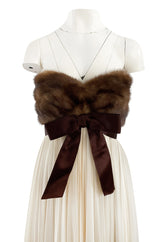 Documented 1963-64 Sarmi Ivory Silk Chiffon Dress w Strapless Natural Mink Bodice & Chocolate Silk Bow
