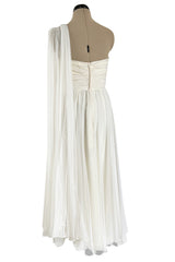Prettiest 1960s Kiki Hart One Shoulder White Chiffon Dress w Full Skirts & Cascading Panel