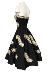 1950s Heavy Cotton / Canvas Strapless Dress w Hand Applied Cord Applique