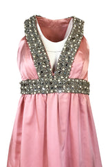 c.1966 Oscar De La Renta Pink Silk Satin & Silver Embellished Dress