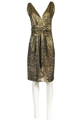 1960s Possible Christian Dior Gold Lame Back & Front Plunge Dress