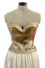 Glamorous 1976 Loris Azzaro Couture Strapless Metallic Gold Sequin & Silk Satin Dress