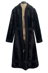 Fabulous 1960s Zip Front Flat Pile Faux Fur Black Coat w Wide Braided Edging Details