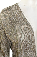 Documented 1981 Halston Silver Beaded & Pearl Grey Silk Net Couture Jacket