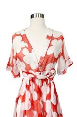 c. 1978 Yves Saint Laurent Large Floral Print Coral Plunge Silk Chiffon Dress