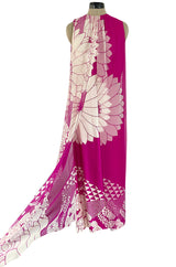 1969 Hanae Mori Chrysanthemum Print Pink Silk Twill & Silk Chiffon Dress
