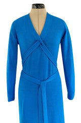Documented Fall 1977 Halston Cashmere Sky Blue Dress w Extra Long Attached Wrap Ties
