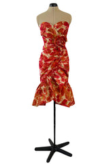 1980s Henri Bendel Washed Floral Silk Taffeta Ruffle Dres w Flower Accent at the Waist