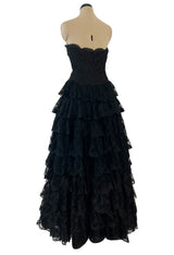 Magnificent 1980s Arnold Scaasi Couture Strapless Tiered Black French Lace Dress